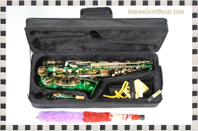 Green and Gold Alto Saxophone in Case