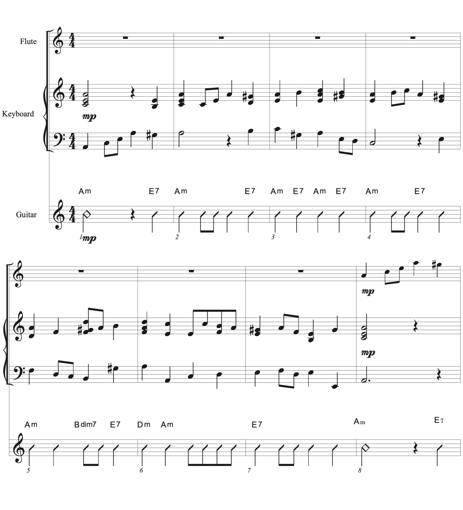 Adagio J. B. Loeillet Sheet Music for Flute, Keyboard & Guitar